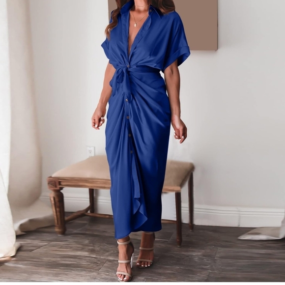 Amazon Dresses & Skirts - Amazon Elegant Blue Midi Dress with Tie Front